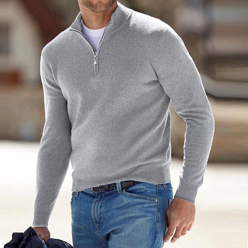 Herren Pullover Strick Einfarbig Stehkragen Halb Reißverschluss Pullover